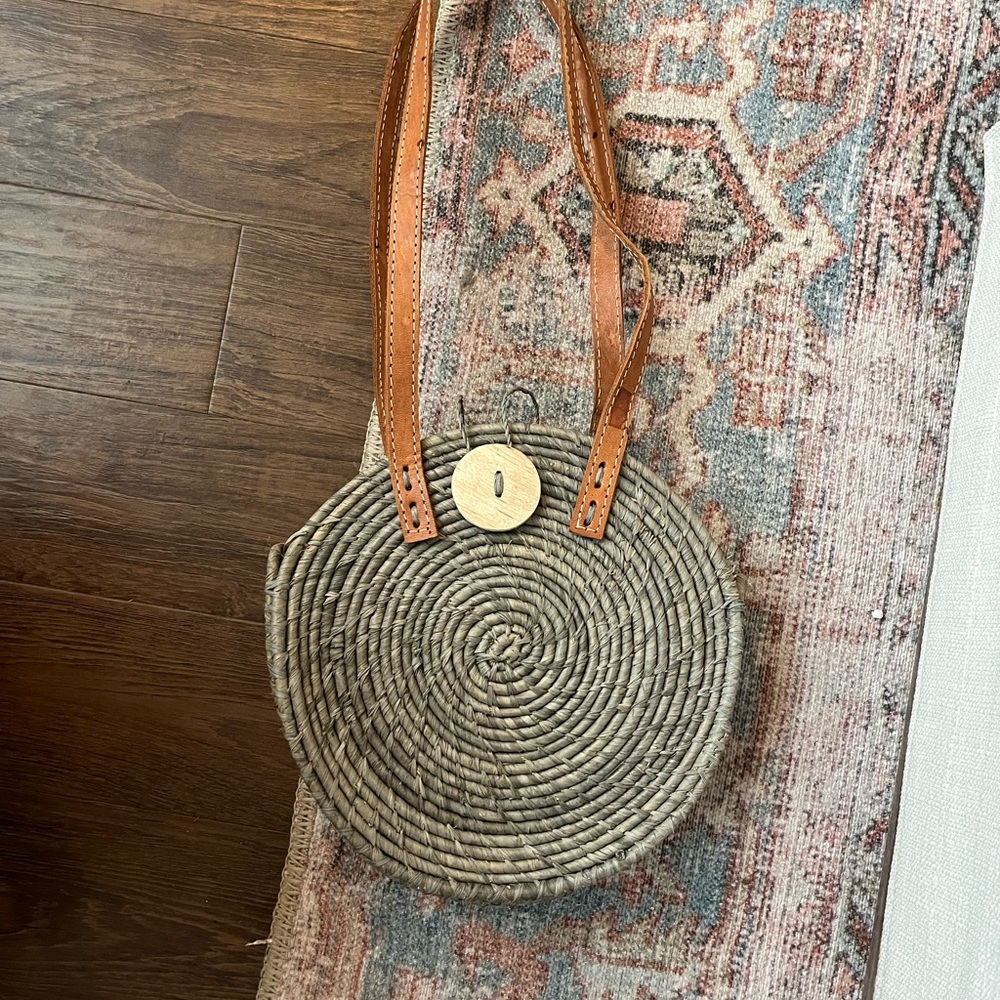 Round Woven Straw Bag with Tan Leather Straps